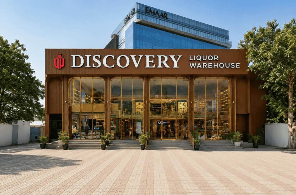 Discovery Wines flagship store exterior with EMAAR tower at MGF Capital Tower Sikanderpur